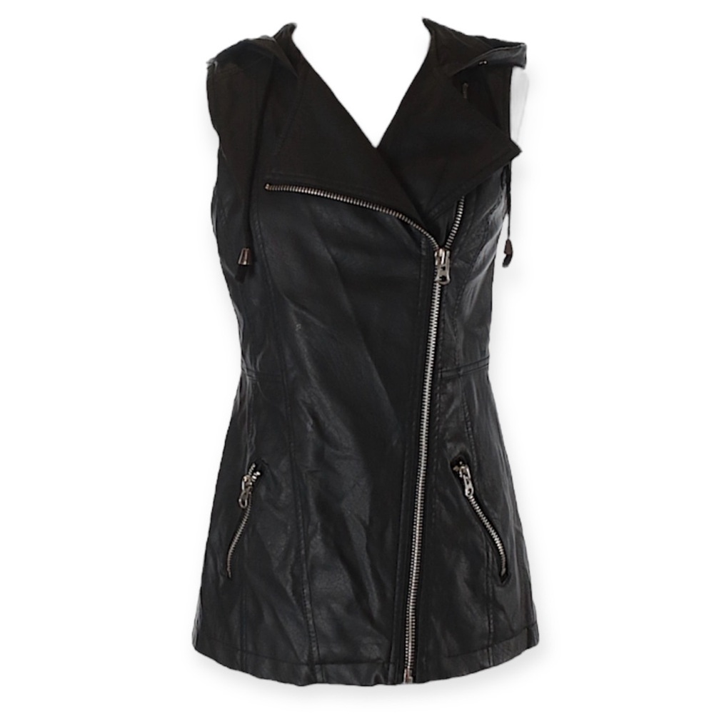 Black vegan leather zip up hooded vest size small